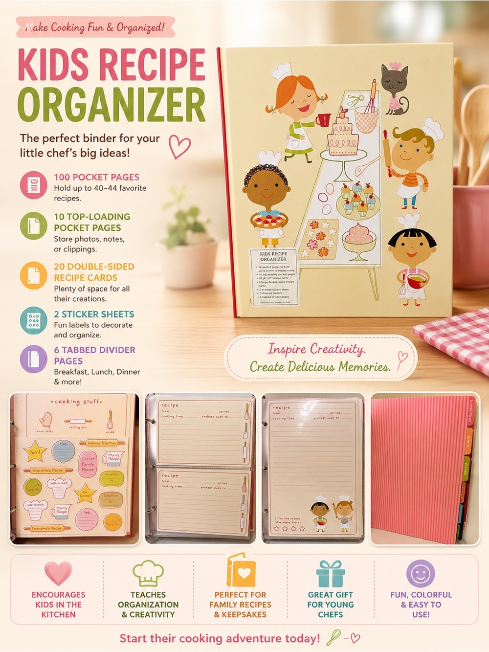 Source Unknown Kids Recipe Organizer Binder - Cream & Pink